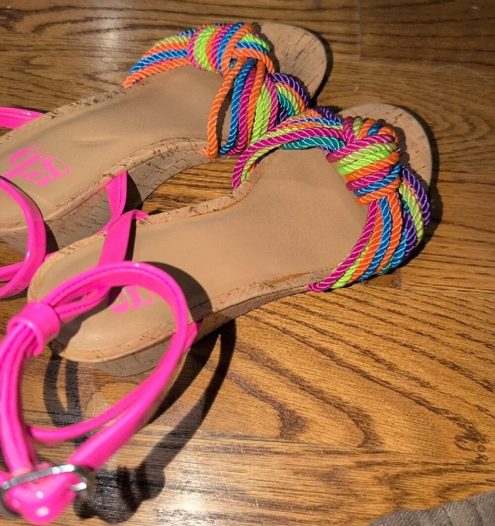 Gianni Bini Hot Pink Ankle-Strap Sandals with Rainbow Rope Knot